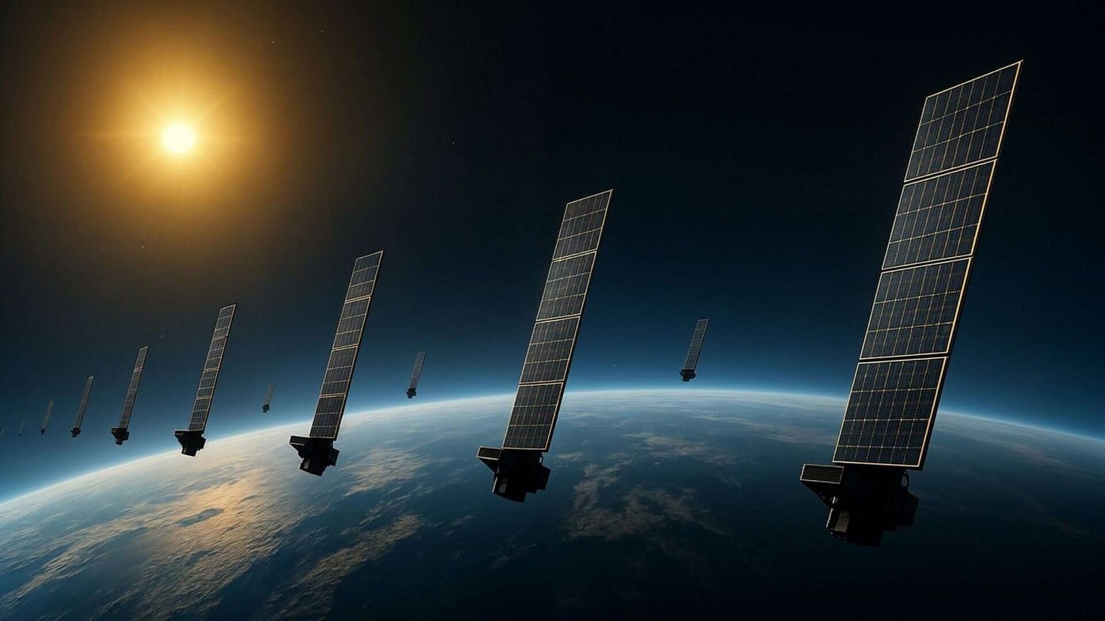 Constelação de satélites em órbita sobre a Terra ao amanhecer